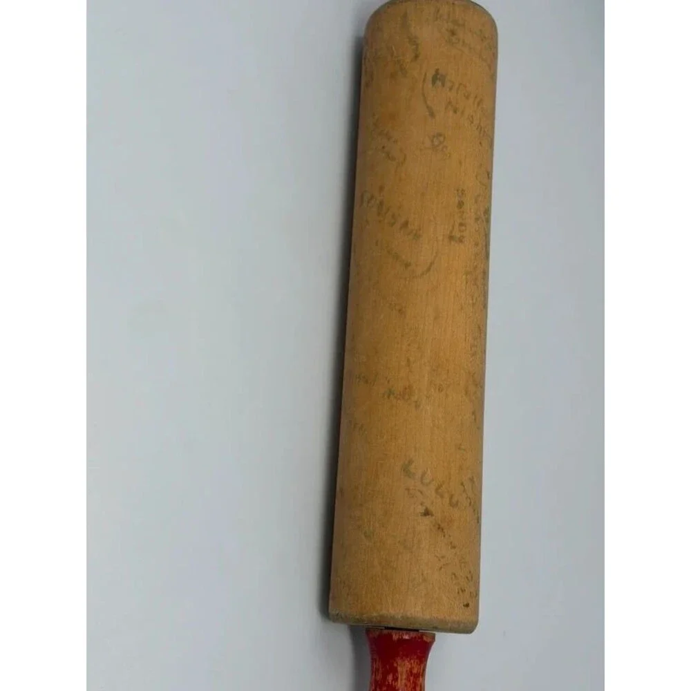 Vintage Signed Wooden Rolling Pin Red Handles Novelty Guest Book Bridal Gift